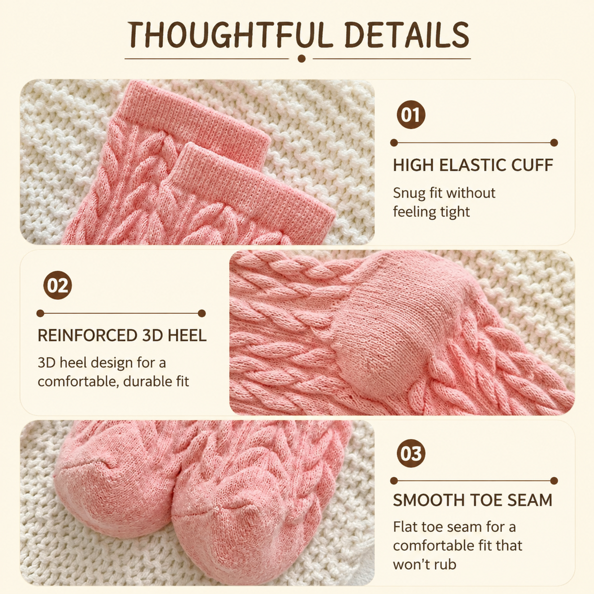 Cable Knit Mid-Calf Socks for Women - 5 Pairs - Stretch Cuff Slouch Style Pink