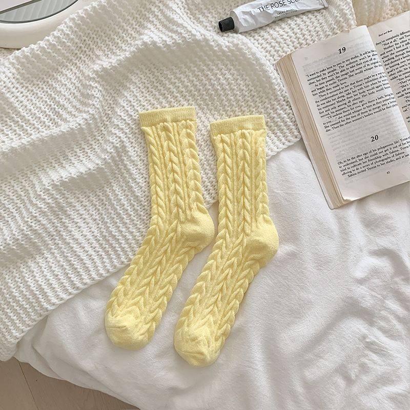 Cable Knit Mid-Calf Socks for Women - 5 Pairs - Stretch Cuff Slouch Style Yellow