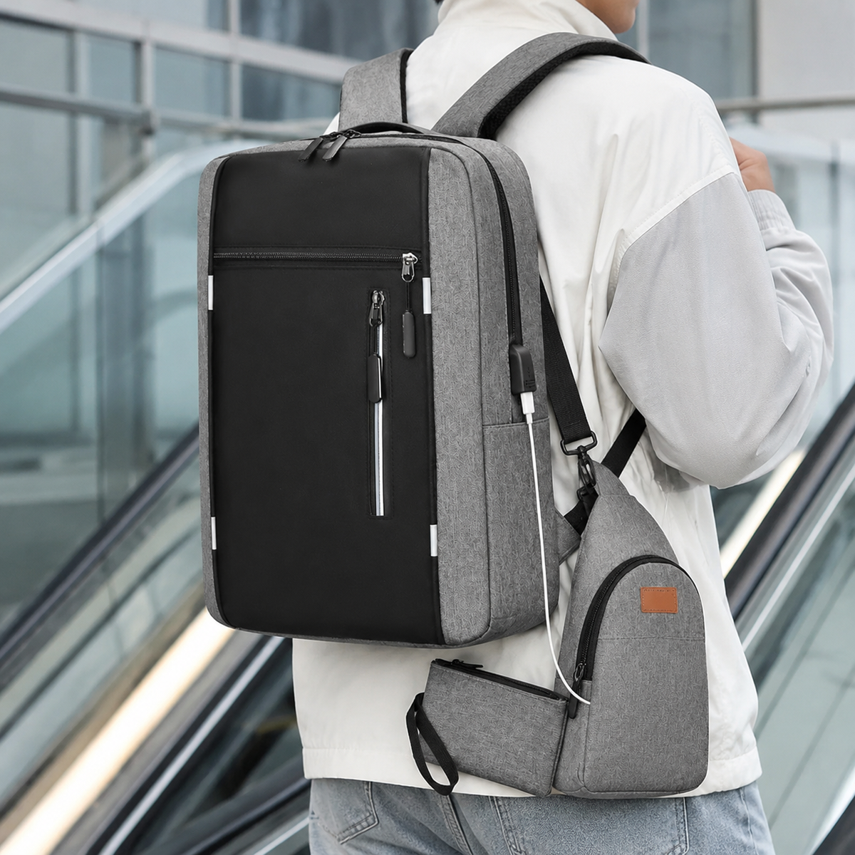 3-Piece Black Set Large Capacity Waterproof Business Travel Backpack + Crossbody Bag + Coin Purse with 16 Inch Laptop Padded Compartment, Muti Pockets & USB Charging Port