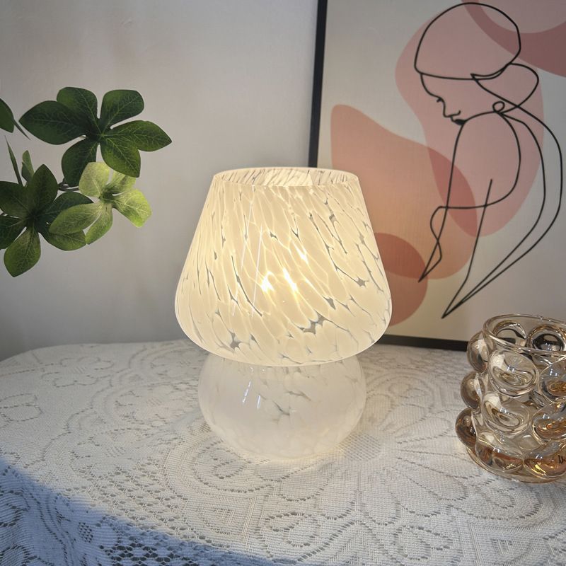 White Speckled All Glass Mushroom Table Lamp - Bedside Soft Ambient Night Light, USB Plug with 3 Colors Temperature Adjustable Dimming, 2 Pack White Marble