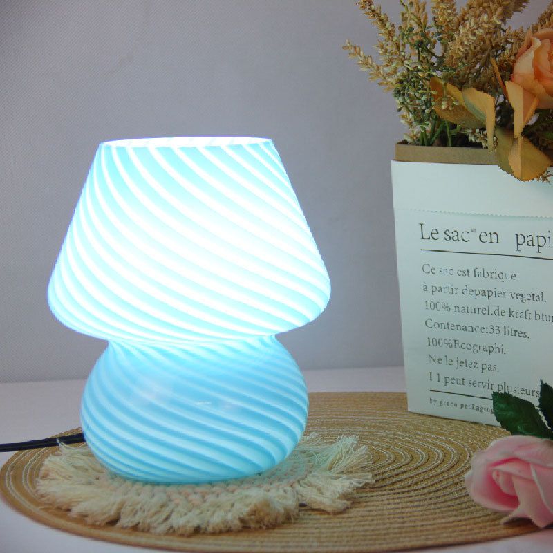 Blue Striped Retro All Glass Mushroom Table Lamp (2 Pack) - American Style Creative Bedside Nightstand Ambient Light, USB Plug with 3-Color Switching and Brightness Dimmable