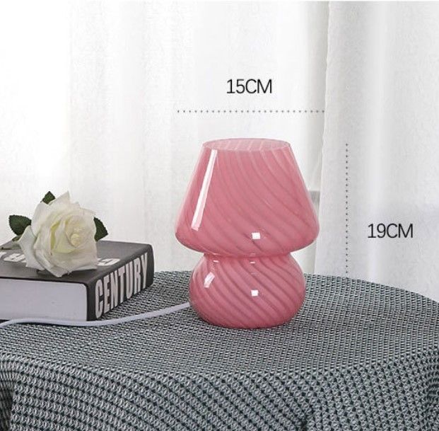 Pink Striped Retro All Glass Mushroom Table Lamp (2 Pack) - American Style Creative Bedside Nightstand Ambient Light, USB Plug with 3-Color Switching and Brightness Dimmable