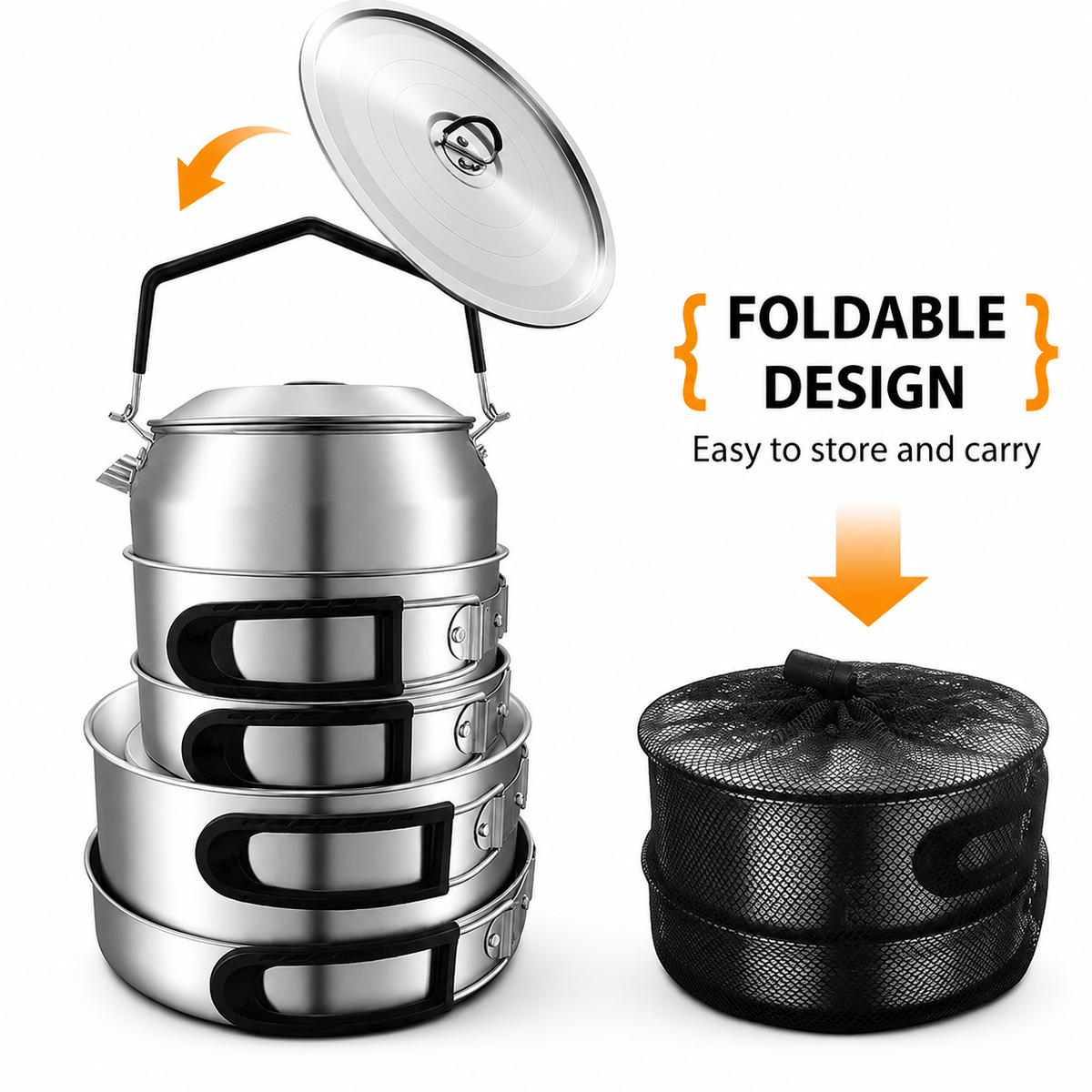 4-Piece Food Grade Stainless Steel Camping Cookware Set with 1.1L Kettle, Medium / Large Stew Pot and Large Frying Pan - Hangable and Foldable, Compact Nesting Storage, Anti Scald Wrapped Handle