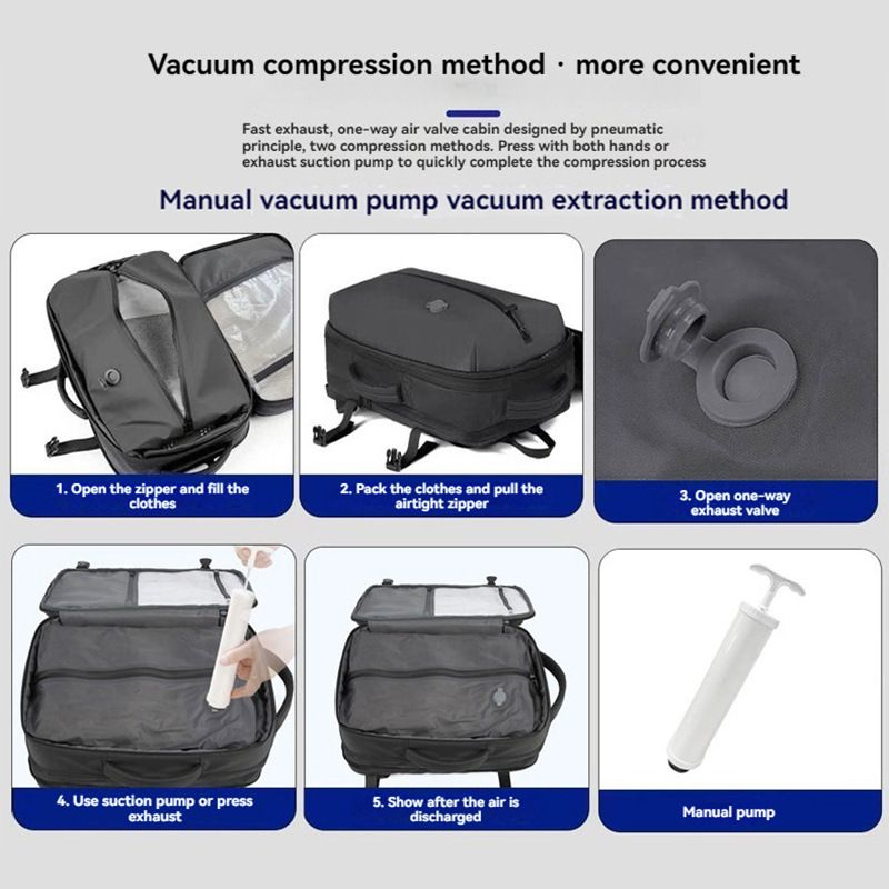 Blue 35L Vacuum Compression Travel Backpack with Manual Air Pump, Shoe Zone and 15.6" Laptop House - Waterproof Suitcase Style Carry On Bag for Men Women Business Commute