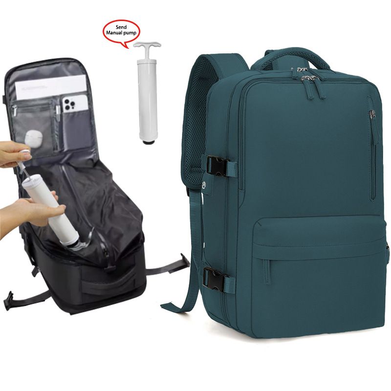 Blue 35L Vacuum Compression Travel Backpack with Manual Air Pump, Shoe Zone and 15.6" Laptop House - Waterproof Suitcase Style Carry On Bag for Men Women Business Commute