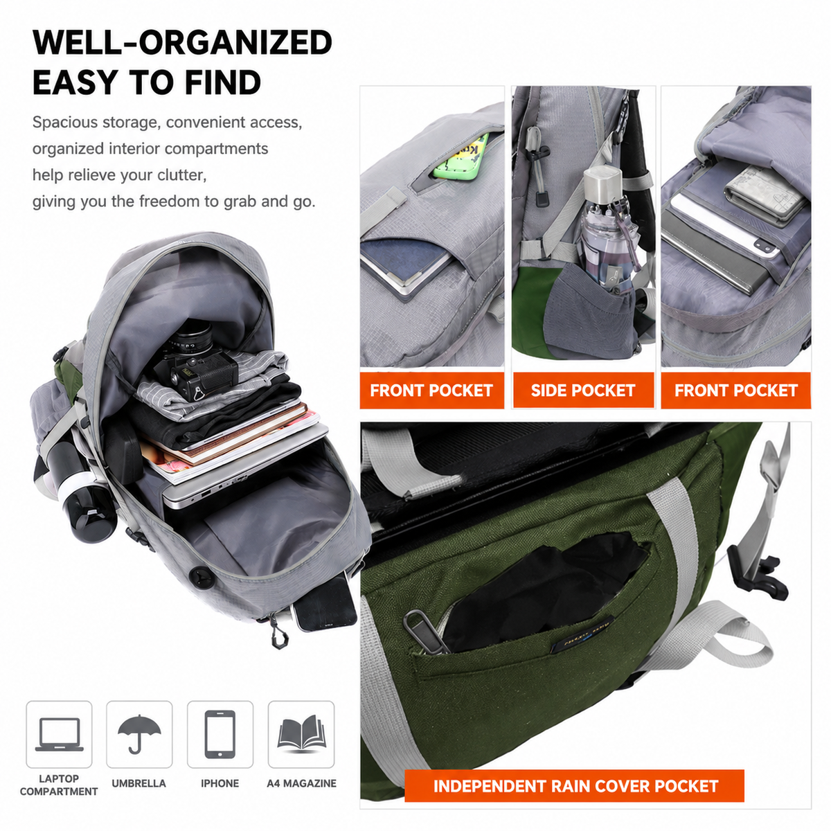 40L Yellow Lightweight Outdoor Hiking Backpack with Rain Cover, Multi-Pocket Storage and Gear Attachments - Waterproof Travel Daypack for Trekking Camping Cycling Adventures