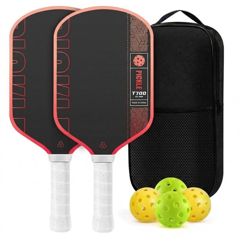 Black and Red T700 Raw Carbon Fiber Pickleball Paddle Set - 2 Professional Honeycomb Core Paddles, 4 Balls and Carry Bag for Outdoor Use