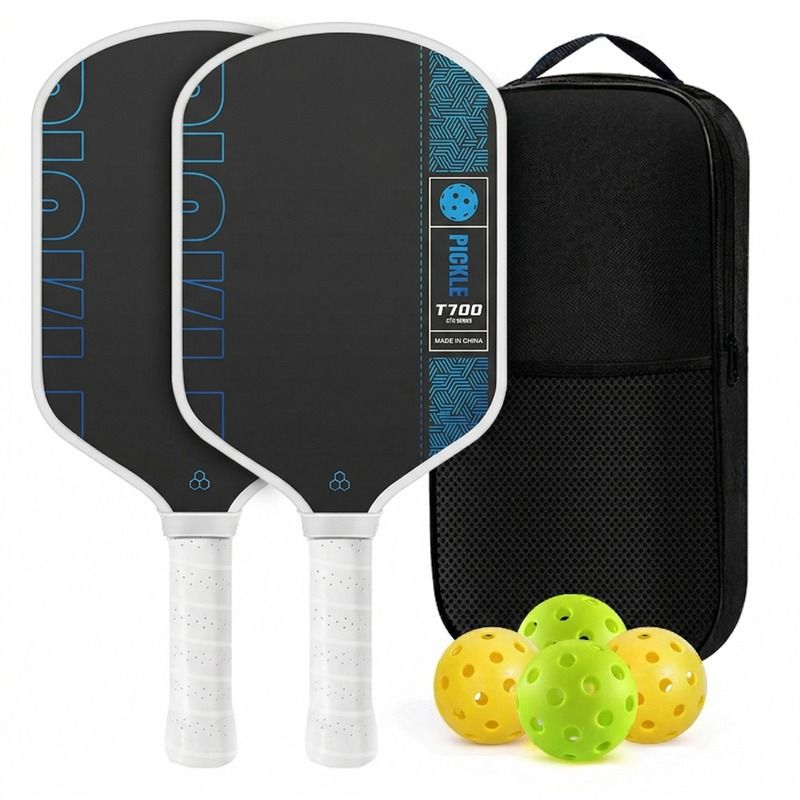Black and Blue T700 Raw Carbon Fiber Pickleball Paddle Set - 2 Professional Honeycomb Core Paddles, 4 Balls and Carry Bag for Outdoor Use