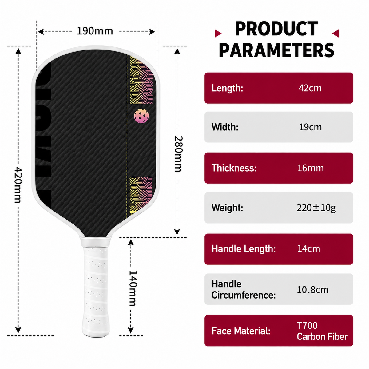 Black and Red T700 Raw Carbon Fiber Pickleball Paddle - Professional Honeycomb Core Paddles with Expanded Sweet Spot & Cushion Grip for Outdoor Use