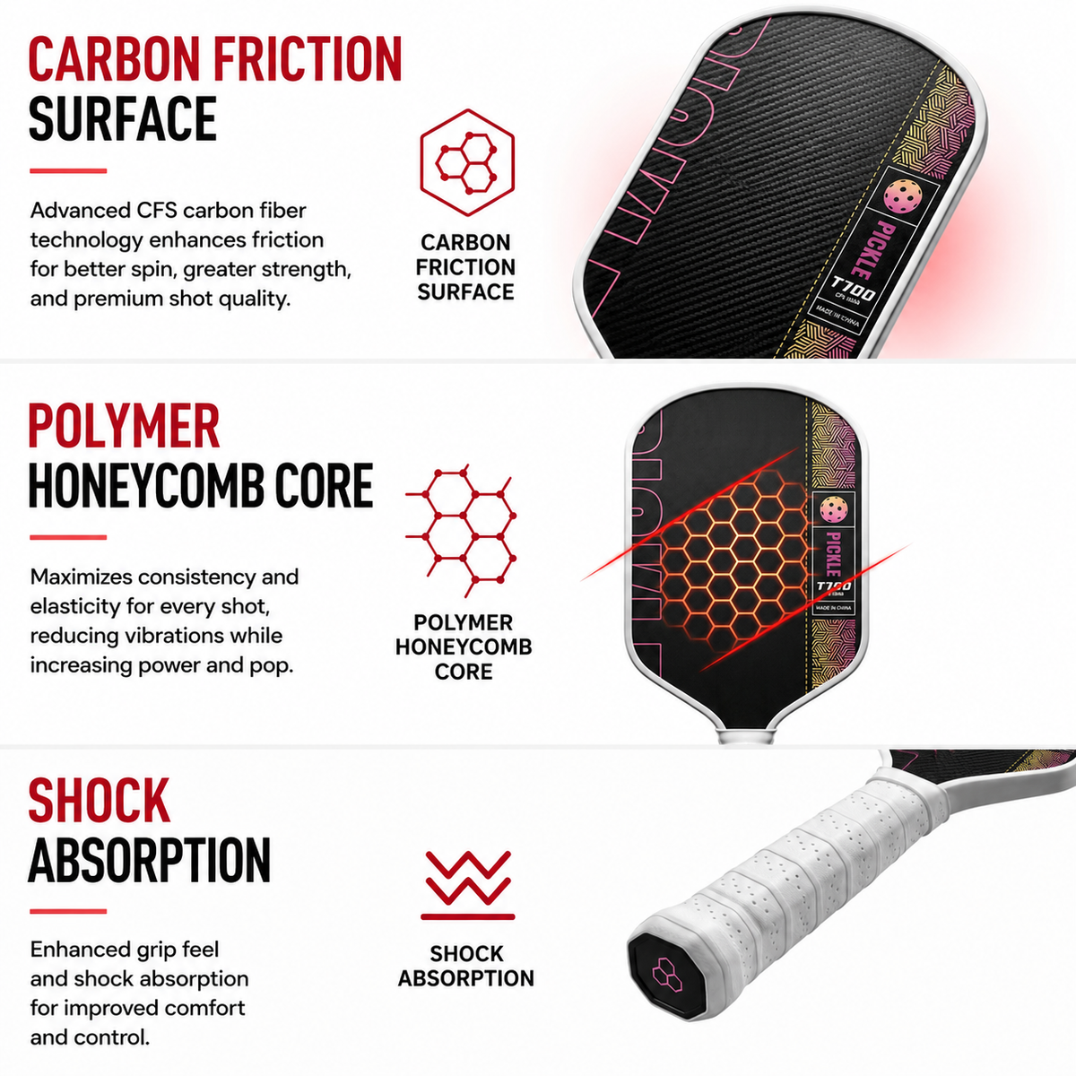 Black and Pink T700 Raw Carbon Fiber Pickleball Paddle - Professional Honeycomb Core Paddles with Expanded Sweet Spot & Cushion Grip for Outdoor Use