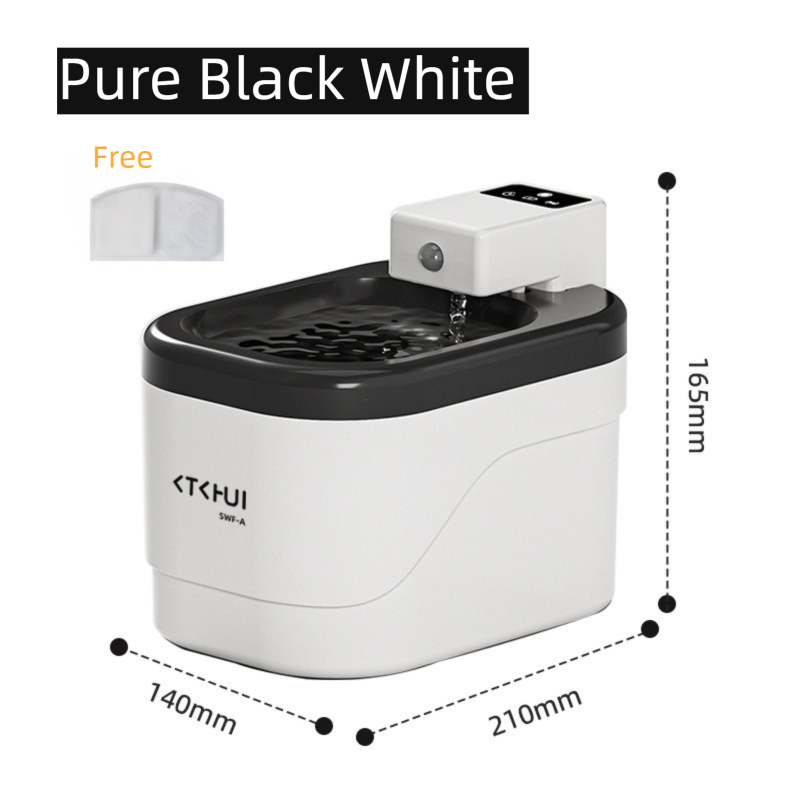 Pure Black and White Smart Motion Sensor Wireless Pet Water Fountain - 2L Cordless Quiet Automatic Water Dispenser with Quadruple Filtration for Cats and Dogs
