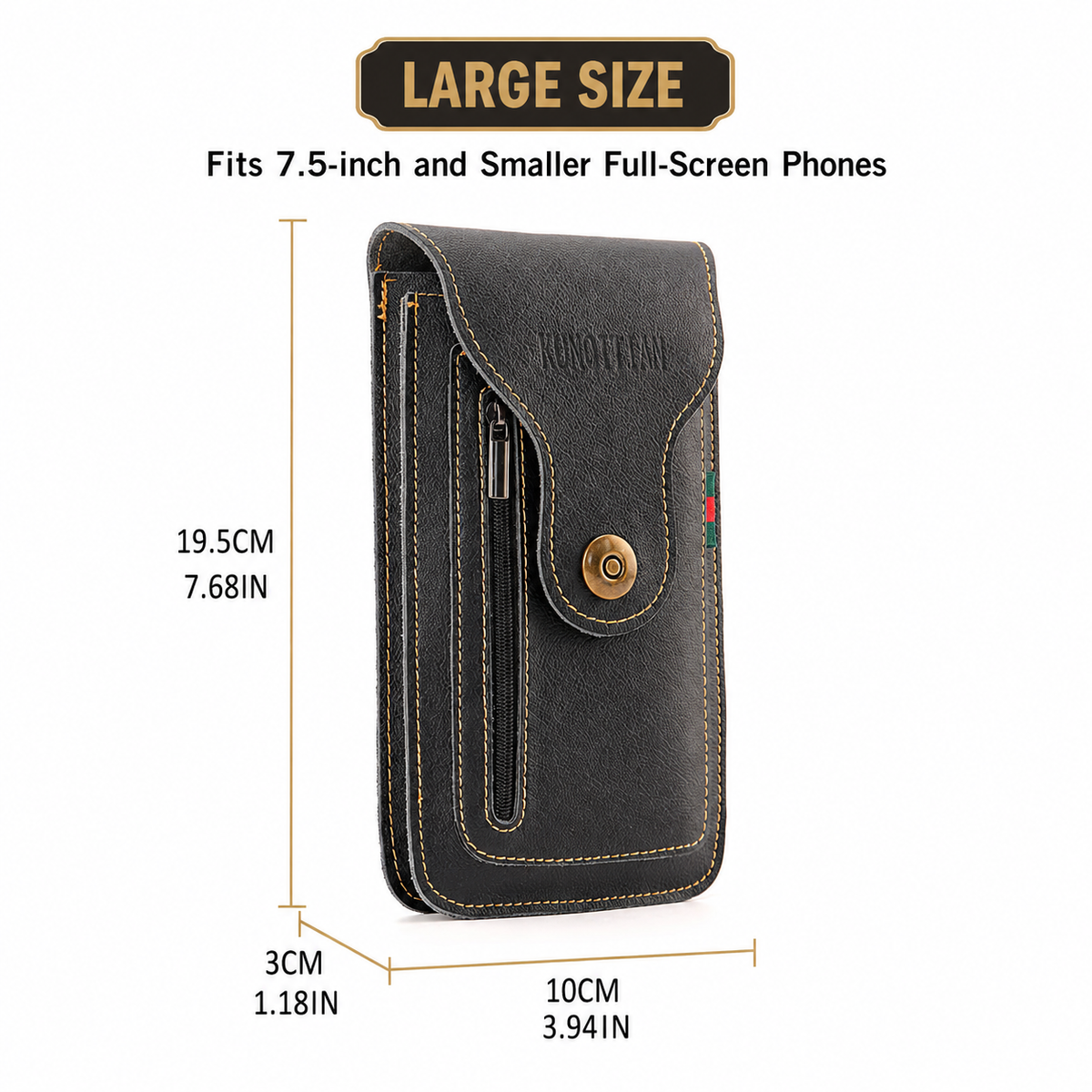 Brown Vertical Leather Phone Holster with 3 Pockets and Carabiner Clip - Belt Loop Waist Bag & Outdoor Pouch (Large Size)