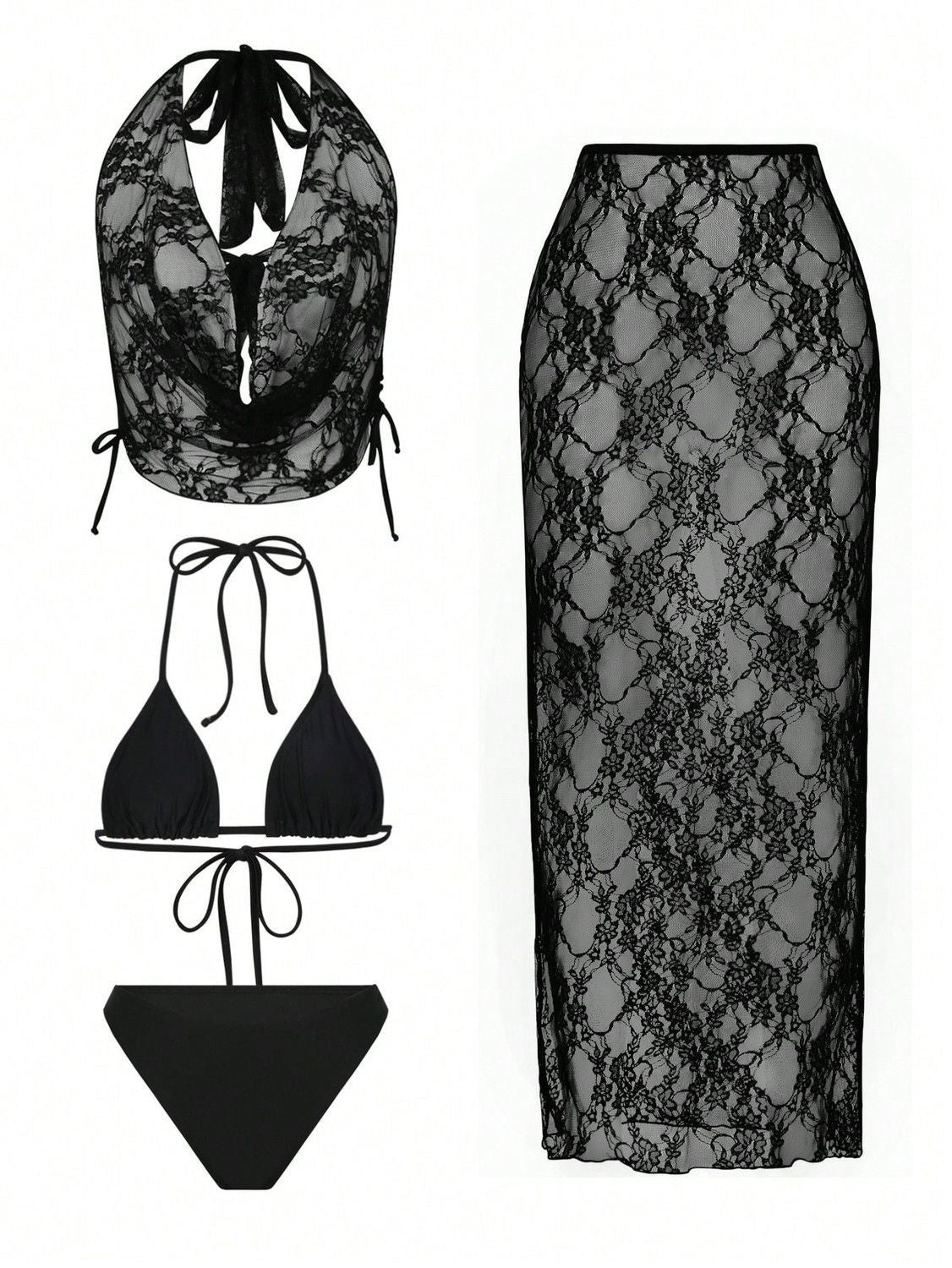 4 Piece Women's Sexy Lace Bikini Swimsuit Set, Black L Size - High Elasticity Triangle String Bikini Top & Bottom, Sheer Lace Cover-Up Top and Maxi Skirt