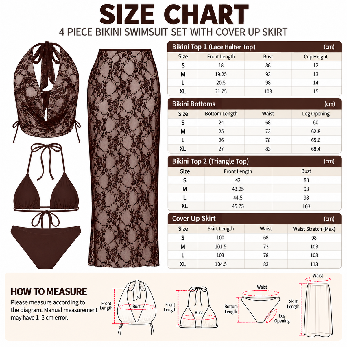 4 Piece Women's Sexy Lace Bikini Swimsuit Set, Black L Size - High Elasticity Triangle String Bikini Top & Bottom, Sheer Lace Cover-Up Top and Maxi Skirt