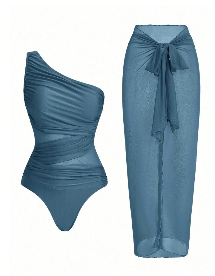 Blue Stylish One-Shoulder One-Piece Swimsuit + Sheer Mesh Sarong Wrap Skirt Set (XL Size) - Women's Elegant Ruched Crossover Tummy Control Beachwear with Wireless Chest Padding for Beach Holiday Party