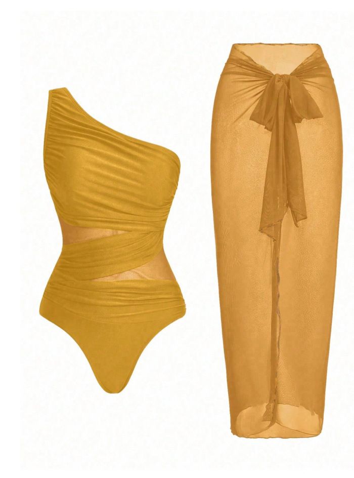 Yellow Stylish One-Shoulder One-Piece Swimsuit + Sheer Mesh Sarong Wrap Skirt Set (S Size) - Women's Elegant Ruched Crossover Tummy Control Beachwear with Wireless Chest Padding for Beach Holiday Party