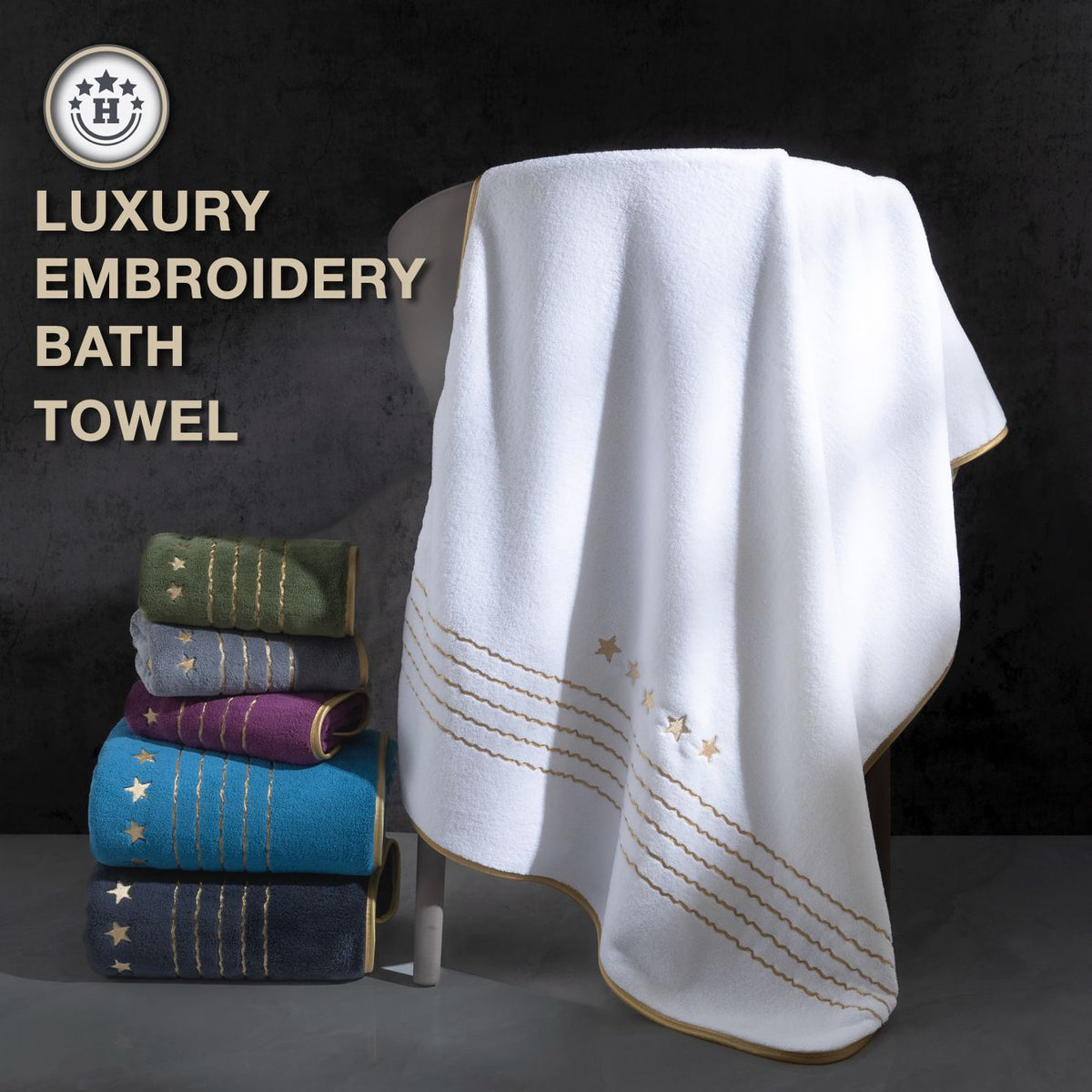 8-Piece Blue Luxury Coral Fleece Bath Towel Set - Gold Star Embroidery Ultra Absorbent Soft Plush Towels for Hotel Spa & Bathroom