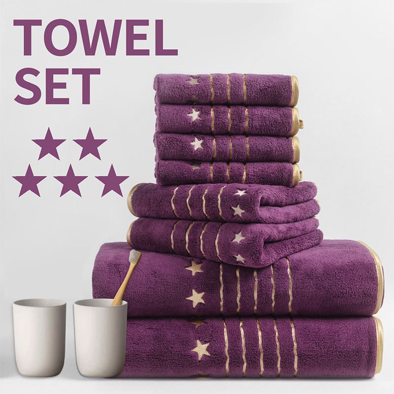 8-Piece Purple Luxury Coral Fleece Bath Towel Set - Gold Star Embroidery Ultra Absorbent Soft Plush Towels for Hotel Spa & Bathroom