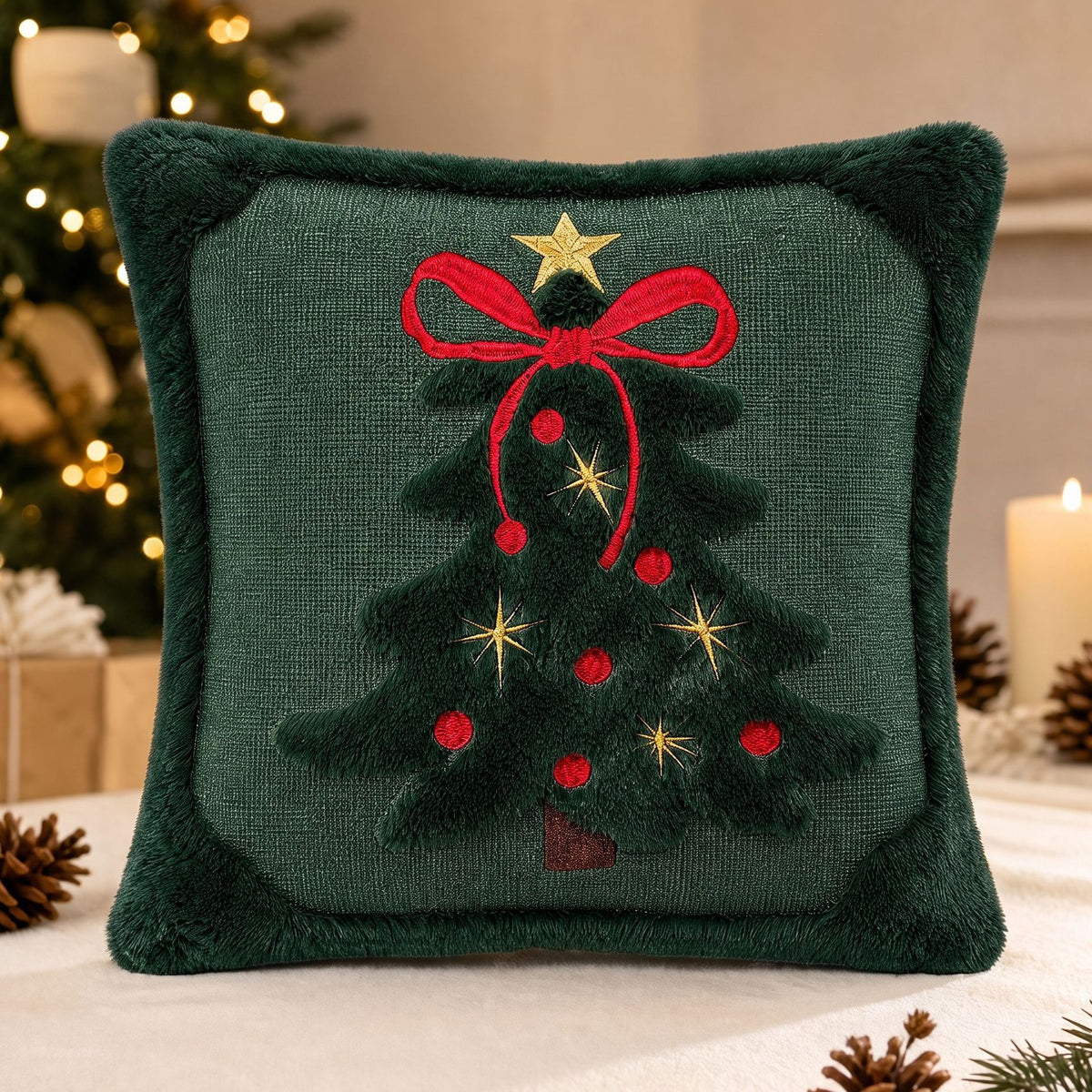 2 PCS Green Christmas Tree Embroidered Cushion Cover (45 x 45cm) - 3D Quilted Bow Decorative Soft Throw Pillowcase for Christmas, Sofa and Home Decor
