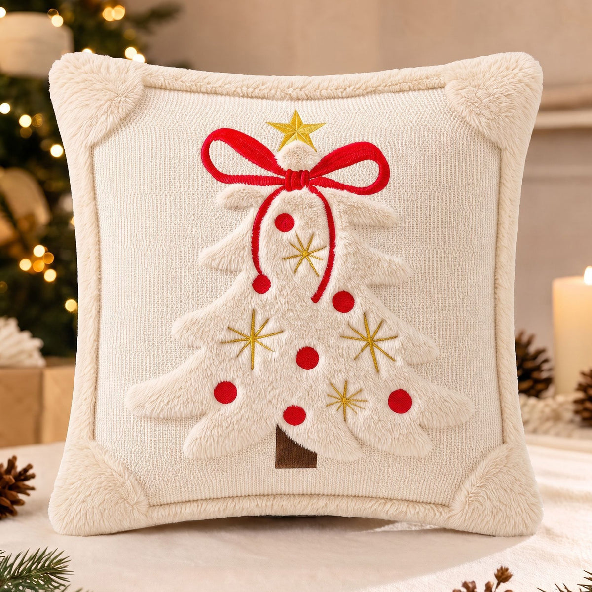 2 PCS Beige Christmas Tree Embroidered Cushion Cover (45 x 45cm) - 3D Quilted Red Bow Decorative Soft Throw Pillowcase for Christmas, Sofa and Home Decor