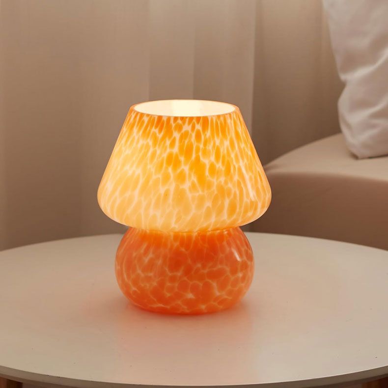 Orange Spot Hand Blown Glass Mushroom Table Lamp - Compact Nordic Bedside Desk Light with Artistic Glass Shade and Toggle Switch for Bedroom and Home Decor