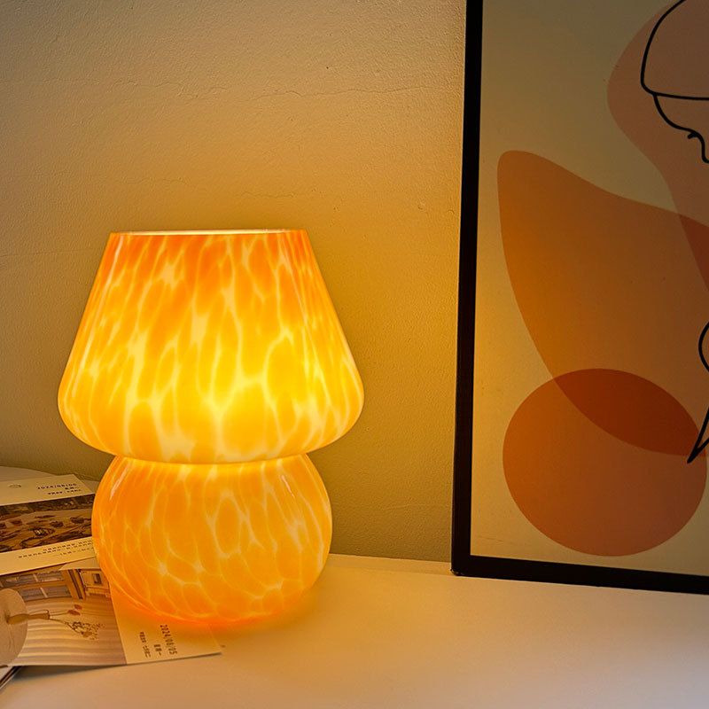 Orange Spot Hand Blown Glass Mushroom Table Lamp - Compact Nordic Bedside Desk Light with Artistic Glass Shade and Toggle Switch for Bedroom and Home Decor