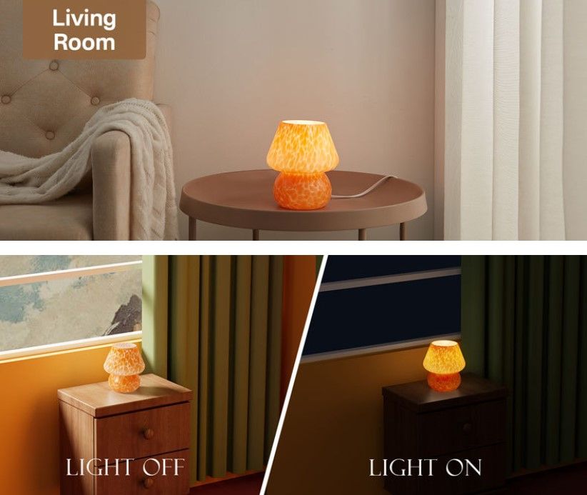 Orange Spot Hand Blown Glass Mushroom Table Lamp - Compact Nordic Bedside Desk Light with Artistic Glass Shade and Toggle Switch for Bedroom and Home Decor