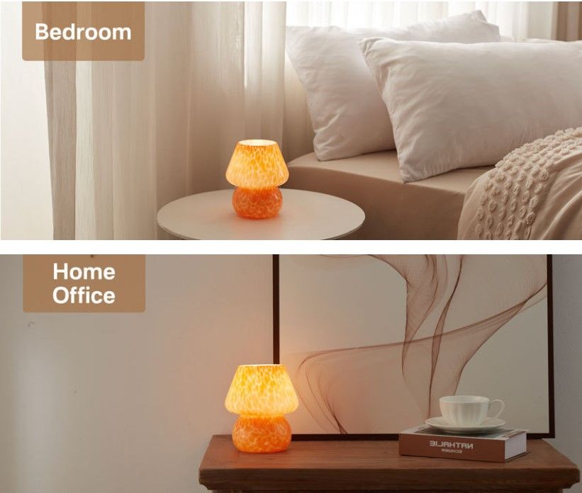 Orange Spot Hand Blown Glass Mushroom Table Lamp - Compact Nordic Bedside Desk Light with Artistic Glass Shade and Toggle Switch for Bedroom and Home Decor