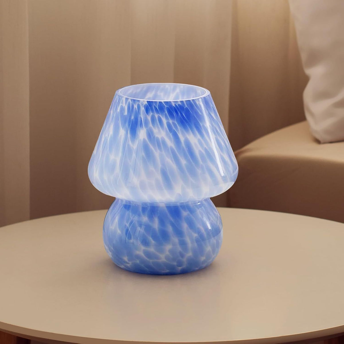 Blue Spot Hand Blown Glass Mushroom Table Lamp - Compact Nordic Bedside Desk Light with Artistic Glass Shade and Toggle Switch for Bedroom and Home Decor