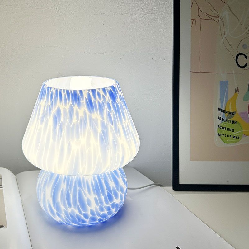 Blue Spot Hand Blown Glass Mushroom Table Lamp - Compact Nordic Bedside Desk Light with Artistic Glass Shade and Toggle Switch for Bedroom and Home Decor