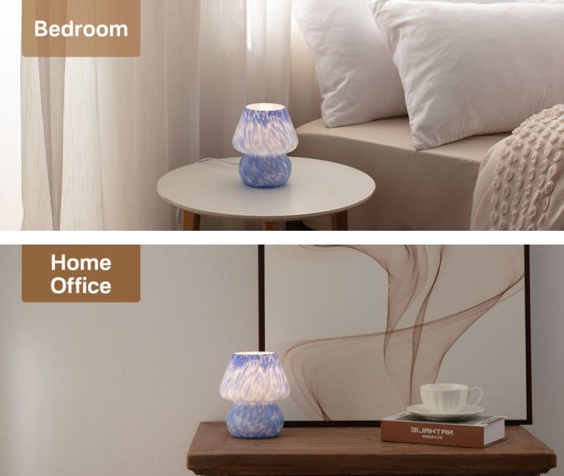 Blue Spot Hand Blown Glass Mushroom Table Lamp - Compact Nordic Bedside Desk Light with Artistic Glass Shade and Toggle Switch for Bedroom and Home Decor