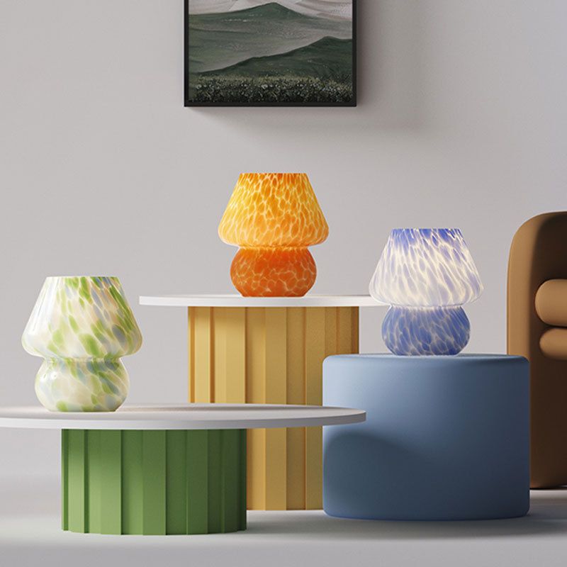 Blue Spot Hand Blown Glass Mushroom Table Lamp - Compact Nordic Bedside Desk Light with Artistic Glass Shade and Toggle Switch for Bedroom and Home Decor