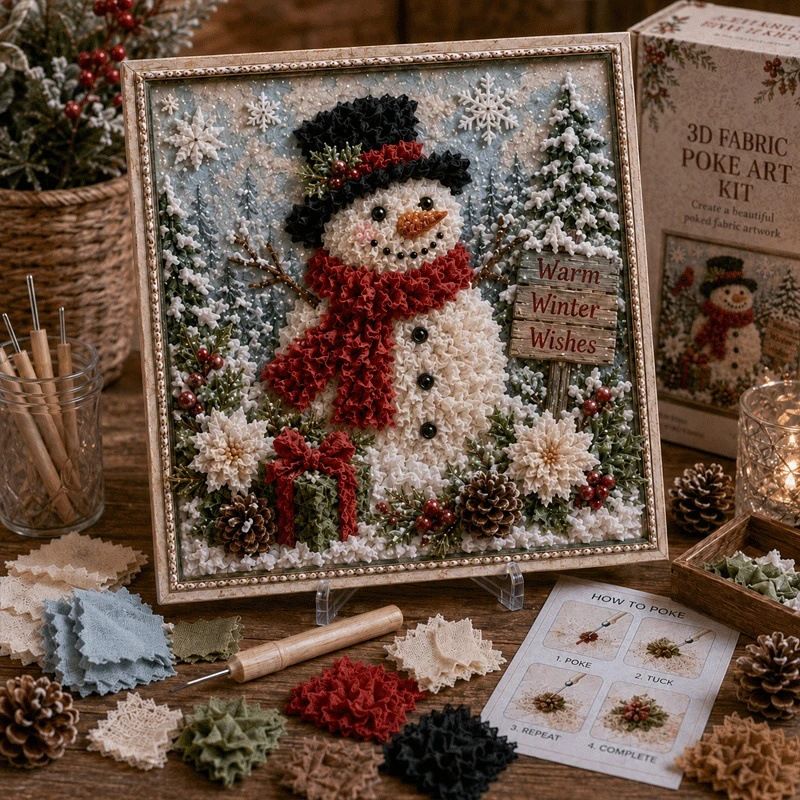 Christmas Snowman 3D Fabric Poke Art Kit - 20 x 20cm No Sew DIY Craft Set with Pre Cut Fabric and Poking Tool, Christmas Handmade Decor and Gift Activity