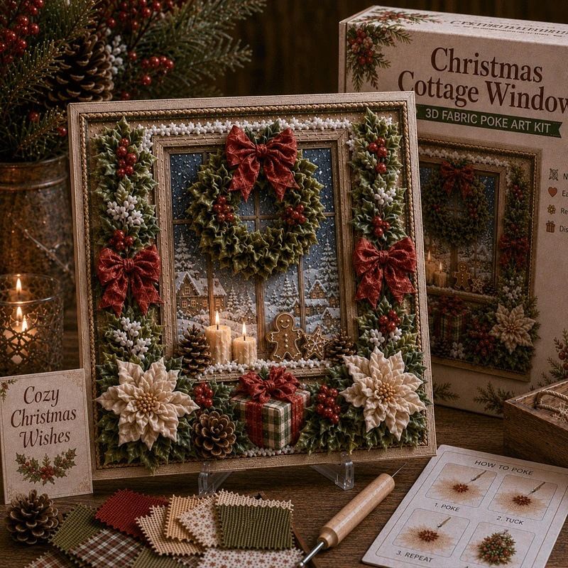 Christmas Wreath 3D Fabric Poke Art Kit - 20 x 20cm No Sew DIY Craft Set with Pre Cut Fabric and Poking Tool, Christmas Handmade Decor and Gift Activity