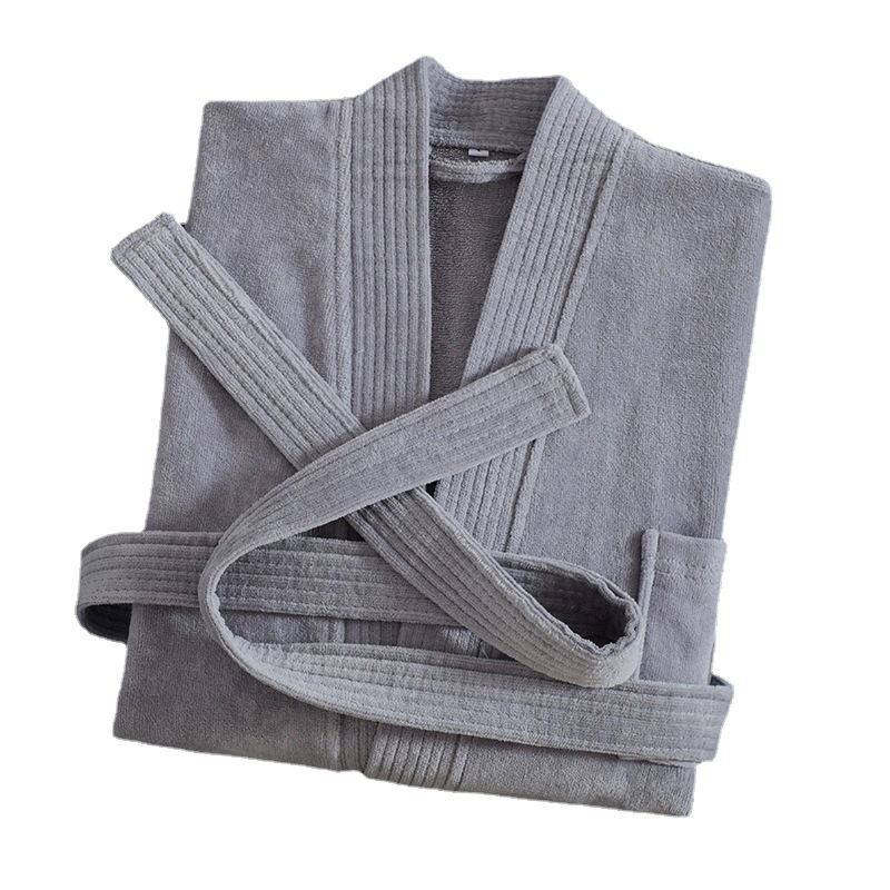 Grey Soft Absorbent 100% Cotton Terry Bathrobe - 120cm Long Adult Towel Robe with 140cm Chest, Overlapping Collar, Waist Belt and Pockets for Home Bath and Spa