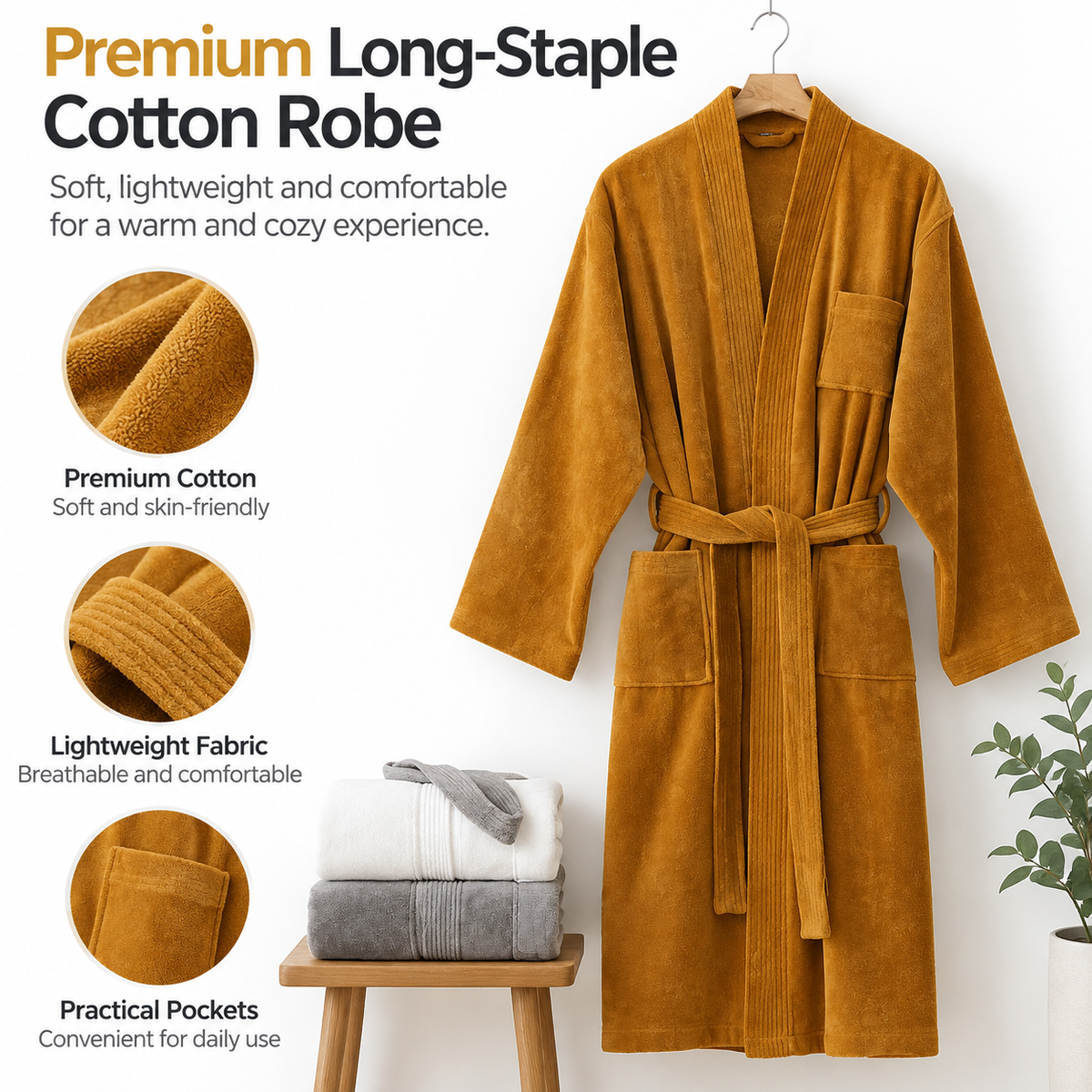 Yellow Soft Absorbent 100% Cotton Terry Bathrobe - 120cm Long Adult Towel Robe with 140cm Chest, Overlapping Collar, Waist Belt and Pockets for Home Bath and Spa