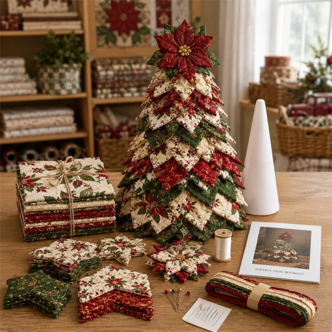Red Holly Themed DIY Fabric Quilted Christmas Tree Kit for Handmade Layered Festive Tabletop Tree, Christmas Home Decor and Holiday Craft Gift