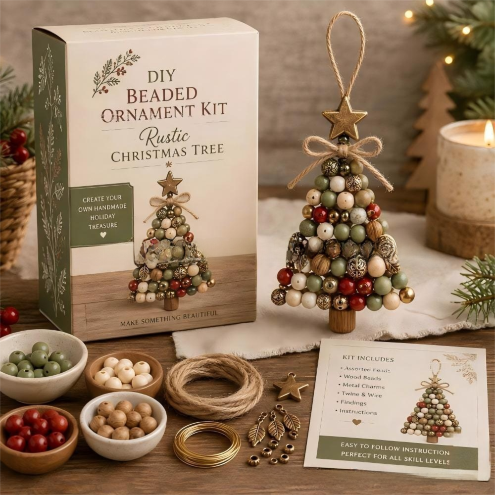 DIY Christmas Tree Beaded Ornament Kit - Rustic Christmas Tree Handmade Bead Craft Hanging Decoration for Gift Making and Holiday Decor