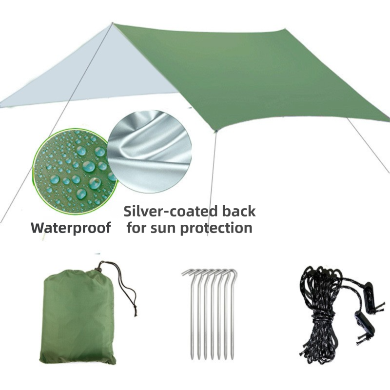 Green 300 x 300cm Waterproof Camping Tarp Shelter Set - Silver Coated Sun Protection, Storage Bag, 6 Guy Ropes and 6 Ground Pegs for Camping, Beach & Outdoor Shade
