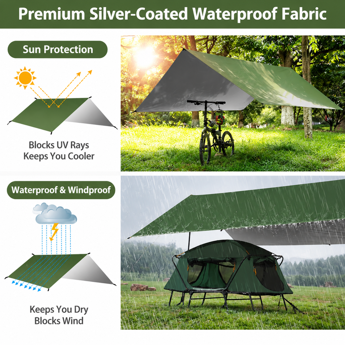 Green 300 x 300cm Waterproof Camping Tarp Shelter Set - Silver Coated Sun Protection, Storage Bag, 6 Guy Ropes and 6 Ground Pegs for Camping, Beach & Outdoor Shade