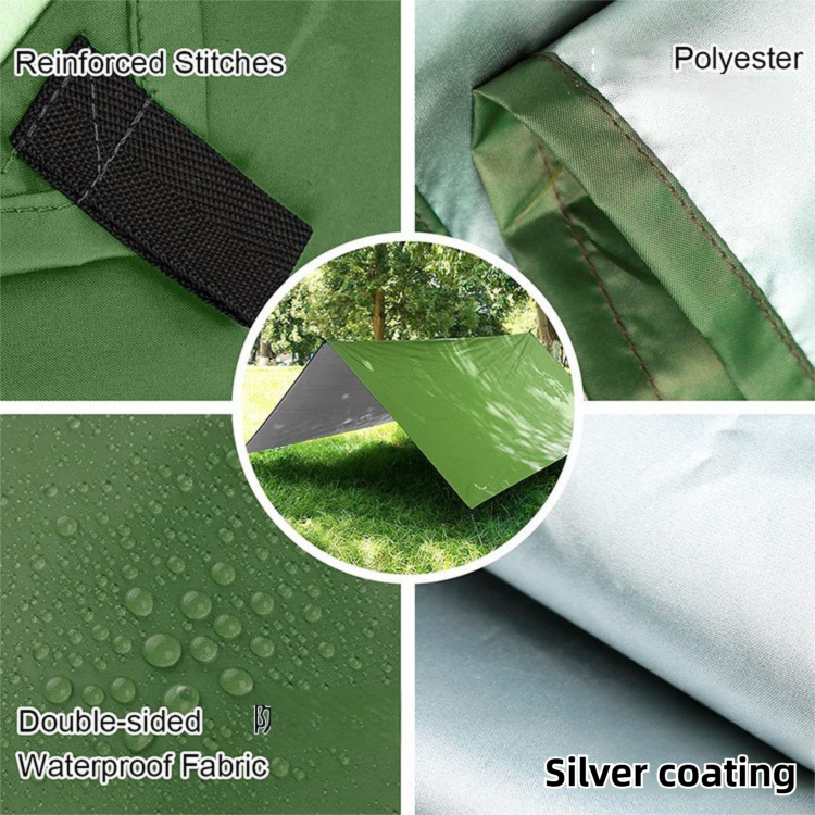 Green 300 x 300cm Waterproof Camping Tarp Shelter Set - Silver Coated Sun Protection, Storage Bag, 6 Guy Ropes and 6 Ground Pegs for Camping, Beach & Outdoor Shade