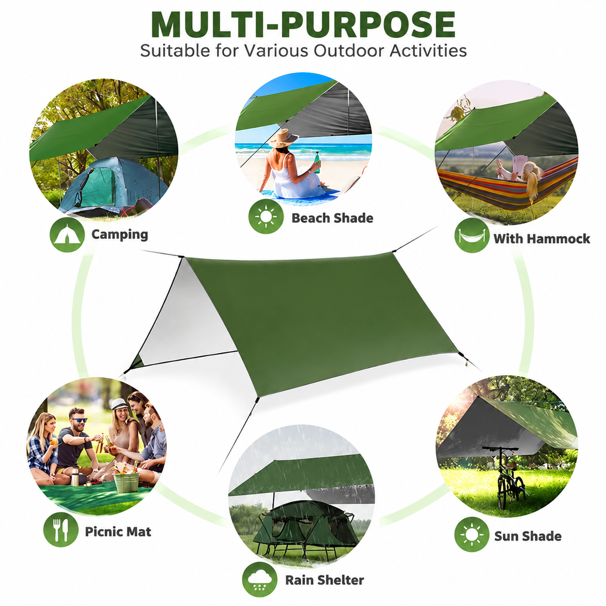 Green 300 x 300cm Waterproof Camping Tarp Shelter Set - Silver Coated Sun Protection, Storage Bag, 6 Guy Ropes and 6 Ground Pegs for Camping, Beach & Outdoor Shade