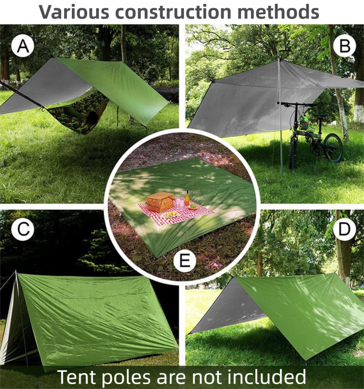 Green 300 x 300cm Waterproof Camping Tarp Shelter Set - Silver Coated Sun Protection, Storage Bag, 6 Guy Ropes and 6 Ground Pegs for Camping, Beach & Outdoor Shade