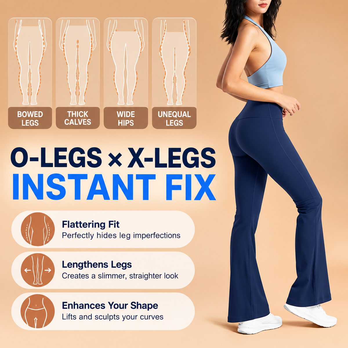 Blue Women's One Size Flare Yoga Pants without Front Seam - High Waist Peach Lift Bootcut Leggings, Quick Dry Stretchy Gym Pants for 150–175cm / 40–71kg
