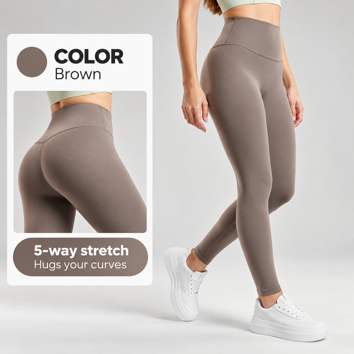 Tea Brown High Waist Yoga Leggings for Women L Size - Seamless Peach Lift Gym Pants with Hidden Back Pocket & Elastic Tummy Control, Soft Breathable 4-Way Stretch Workout Tights