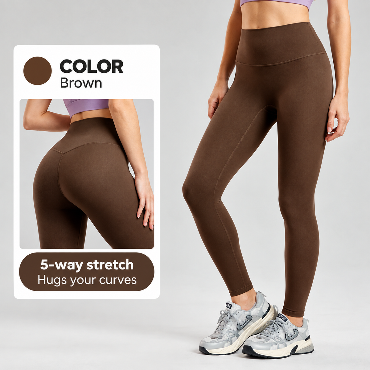 Chestnut Brown High Waist Yoga Leggings for Women L Size - Seamless Peach Lift Gym Pants with Hidden Back Pocket & Elastic Tummy Control, Soft Breathable 4-Way Stretch Workout Tights