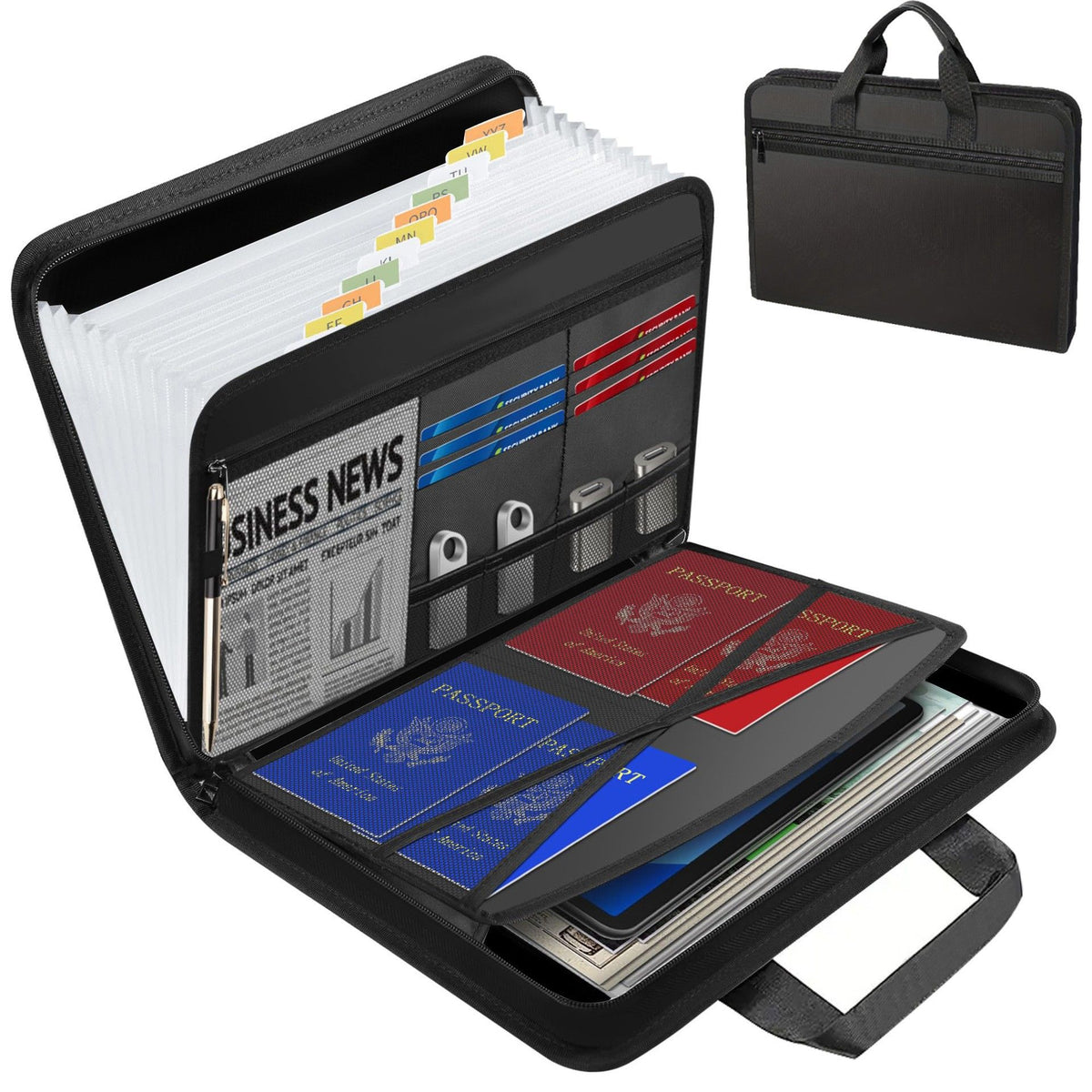 Black Fireproof Waterproof Accordion File Organiser, 11 Pockets Expanding Document Folder with Colour-Coded Tabs & Handle, Dustproof U-Disk Passports Card Bag for Home Office Travel (26 × 36 × 5 cm)