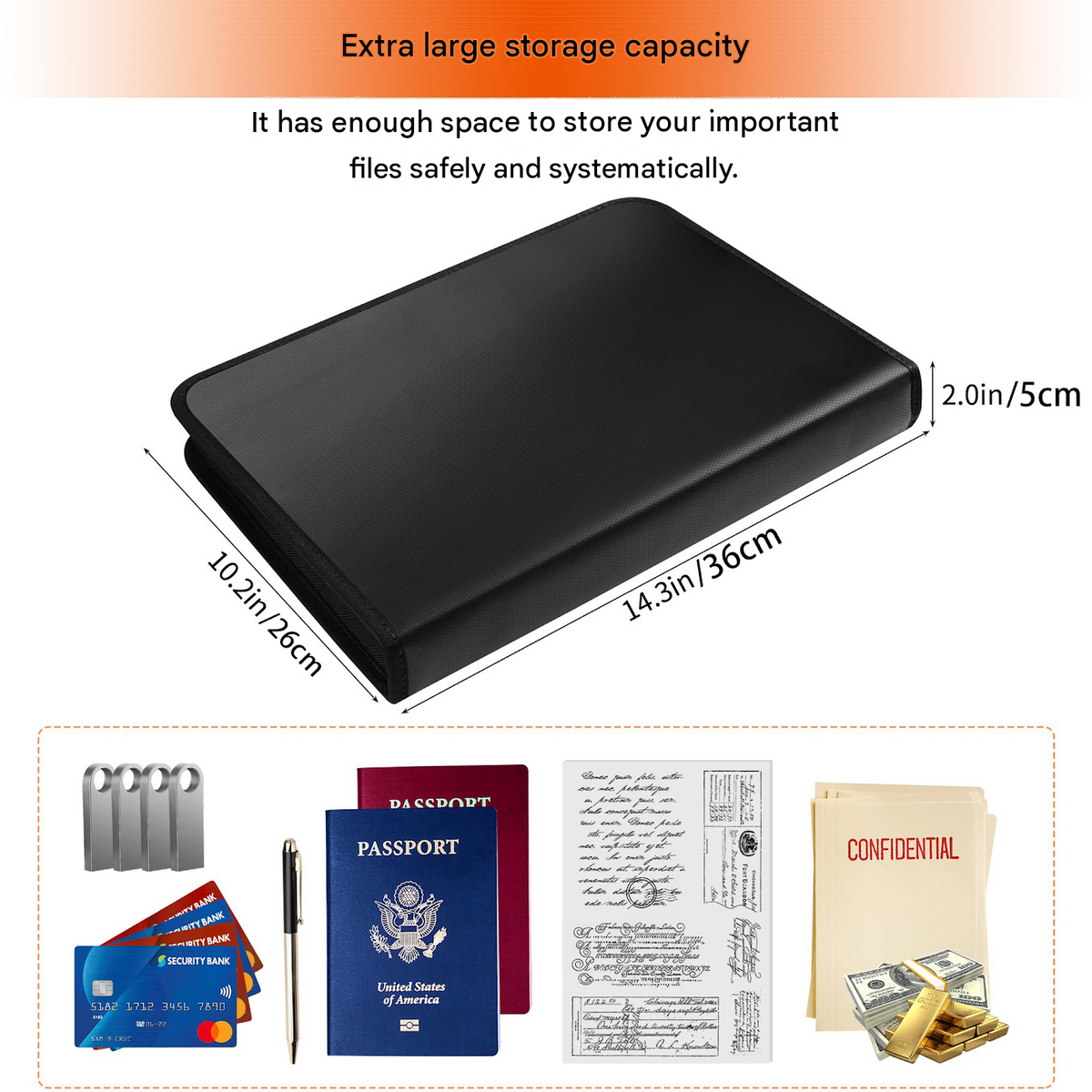 Black Fireproof Waterproof Accordion File Organiser, 11 Pockets Expanding Document Folder with Colour-Coded Tabs & Handle, Dustproof U-Disk Passports Card Bag for Home Office Travel (26 × 36 × 5 cm)