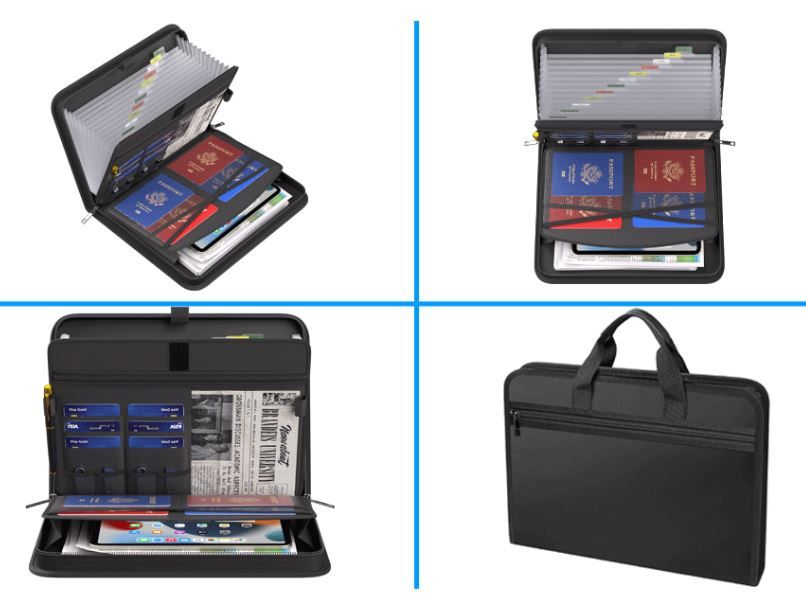 Black Fireproof Waterproof Accordion File Organiser, 11 Pockets Expanding Document Folder with Colour-Coded Tabs & Handle, Dustproof U-Disk Passports Card Bag for Home Office Travel (26 × 36 × 5 cm)