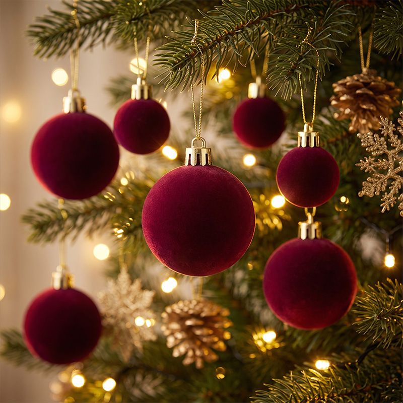 42 Piece Pink Flocked Christmas Baubles Set - Velvet Finish Tree Ornaments in 3 Sizes with Hanging Loops, Lightweight Festive Decorations in Gift Box